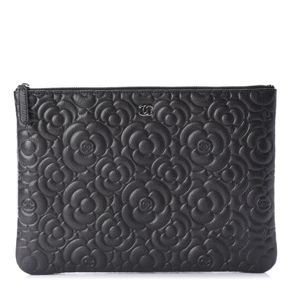 Chanel Goatskin Camellia Embossed Medium Cosmetic Case Dark Grey 1 of 10