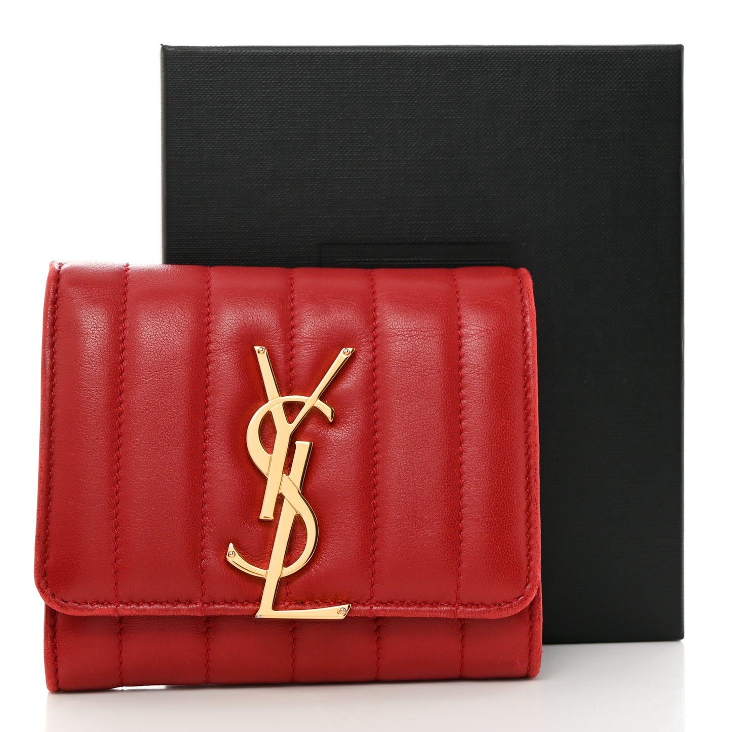 Lambskin Matelasse Monogram Vicky Tri-Fold Wallet Rouge Eros