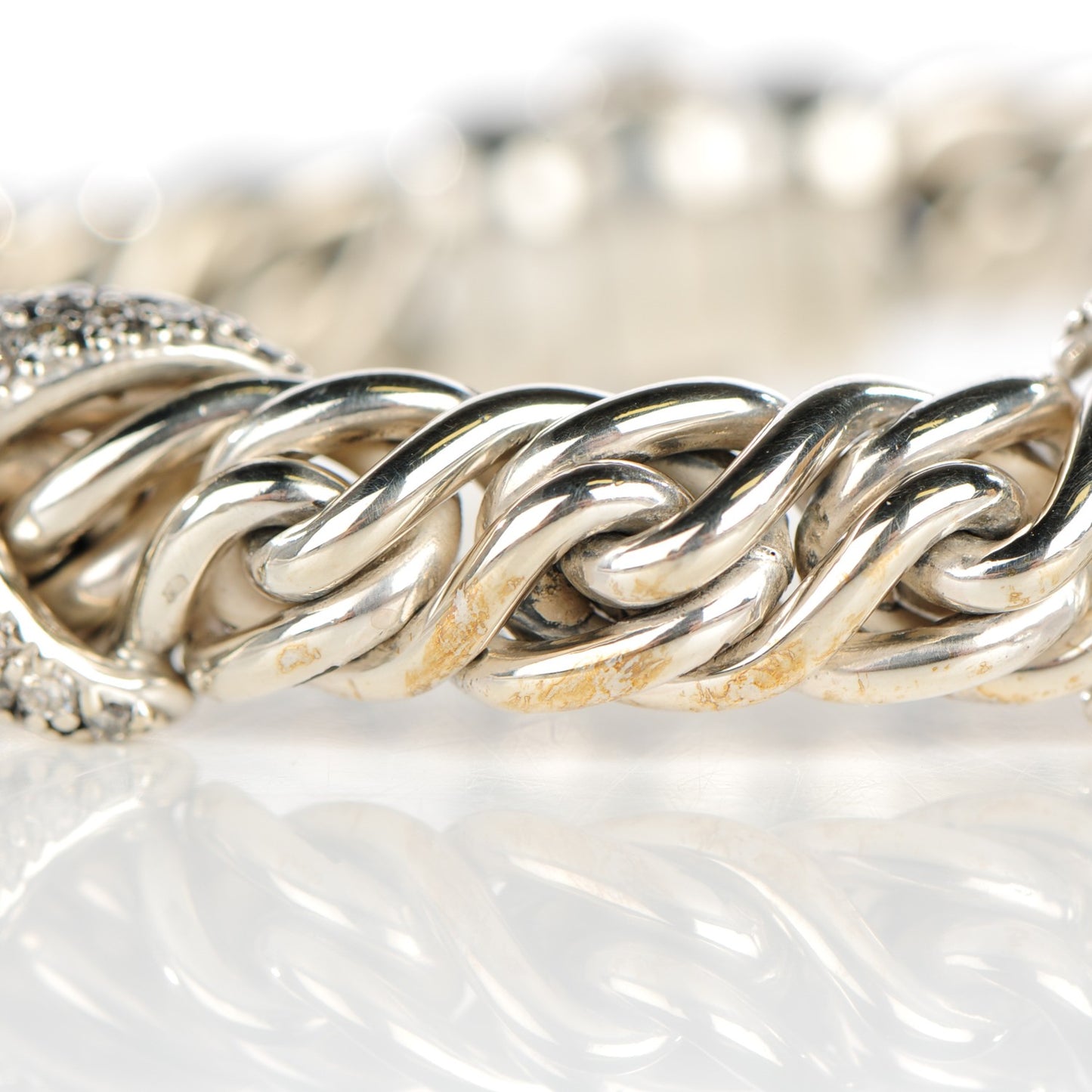 Sterling Silver Pave Diamond 9mm Double X Wheat Bracelet