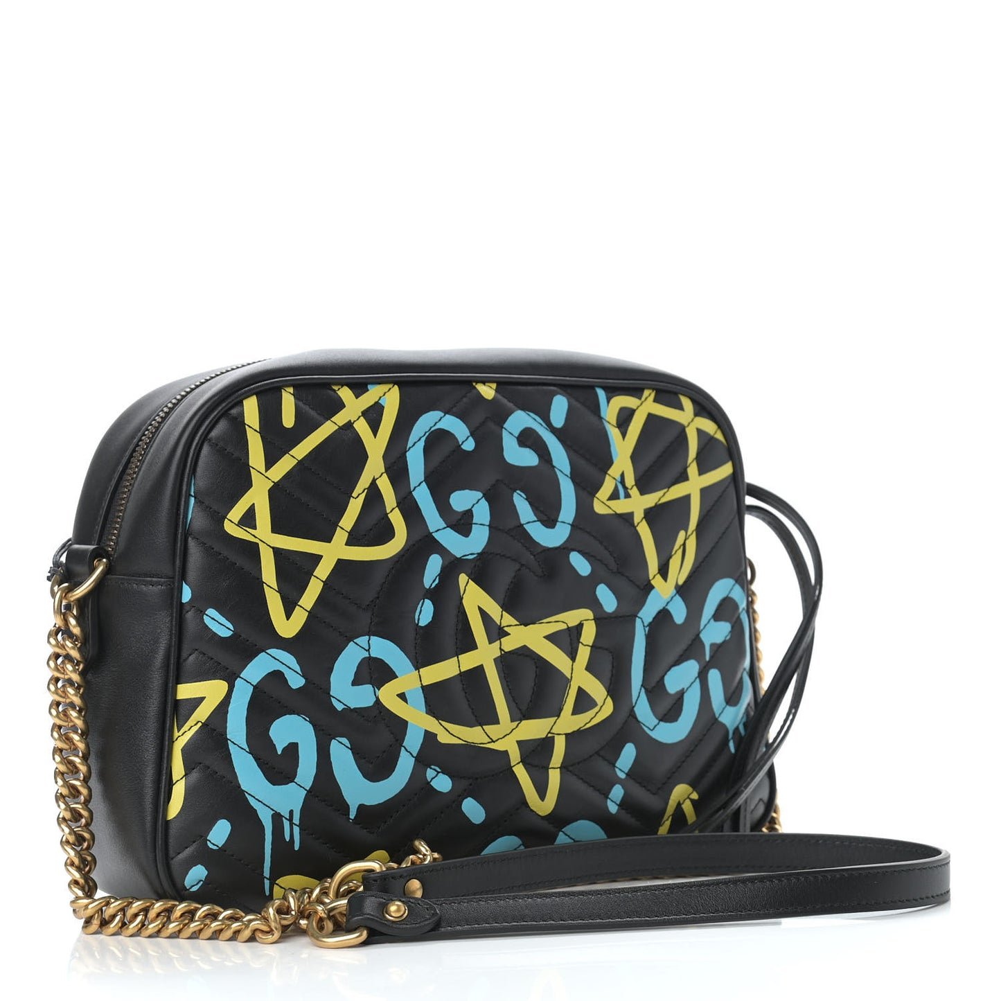 Calfskin Matelasse GucciGhost Medium GG Marmont Chain Shoulder Bag Black New Acquamarine