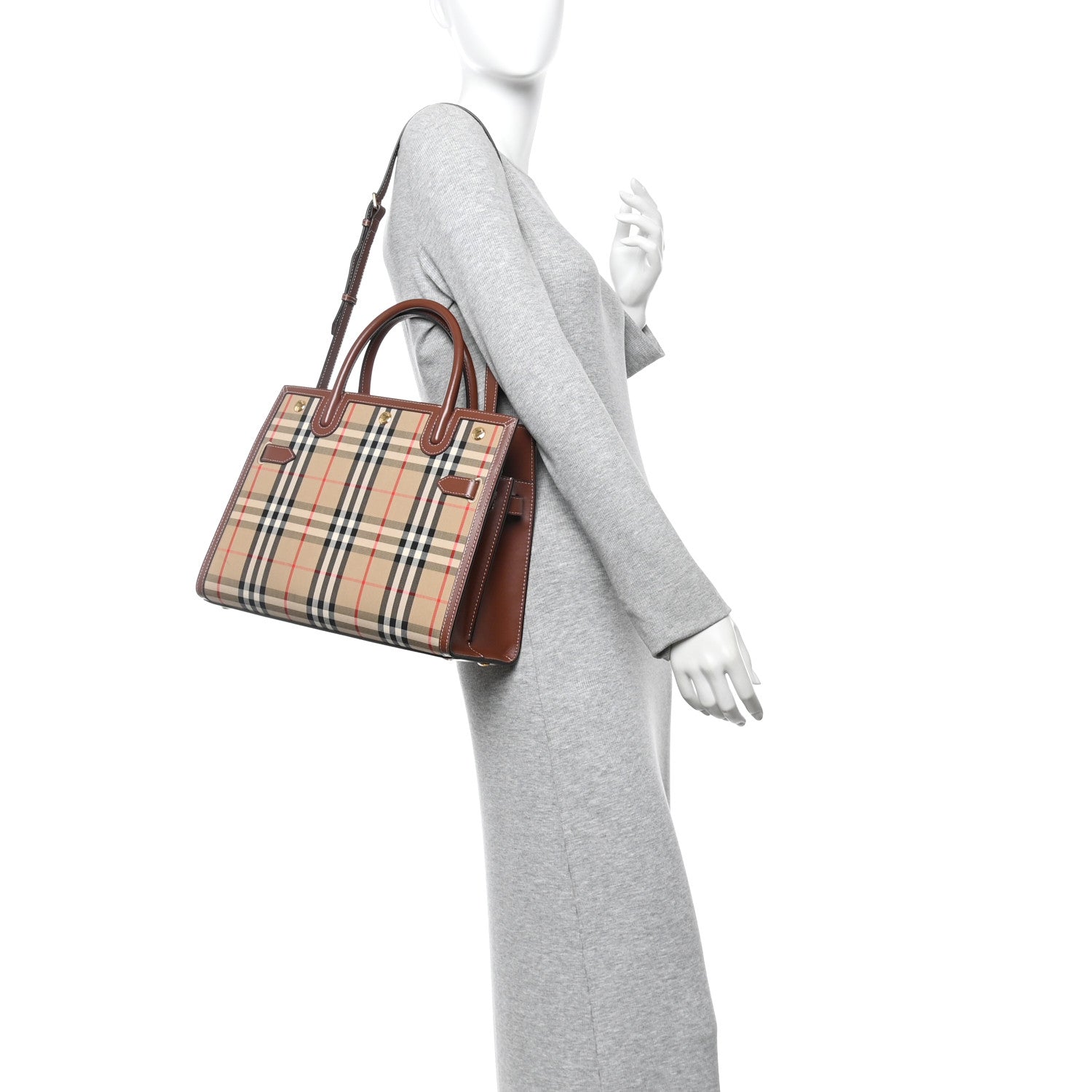 Burberry Calfskin Vintage Check Two Handle Title Bag Archive Beige 2 of 10