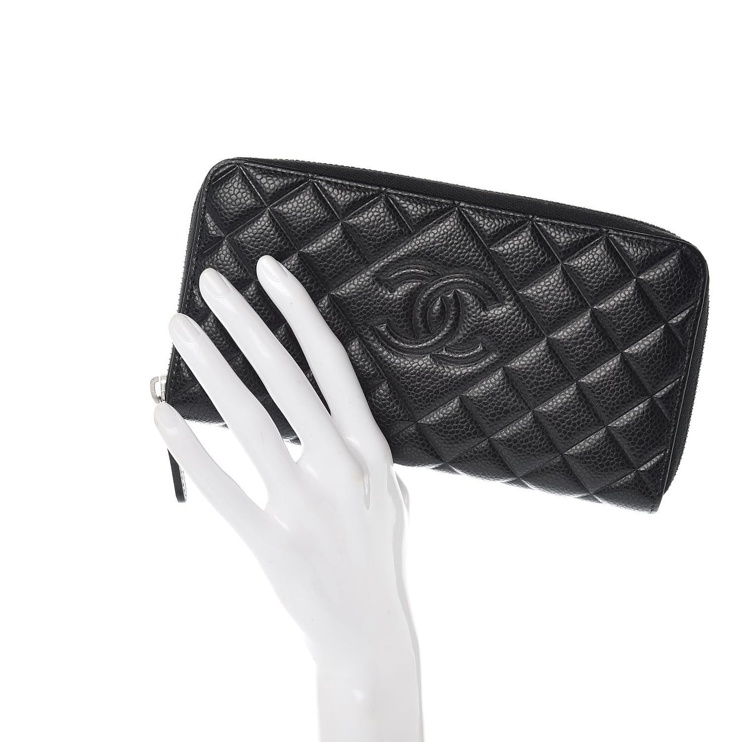 Caviar Quilted Diamond CC Gusset Zip Around Wallet Black