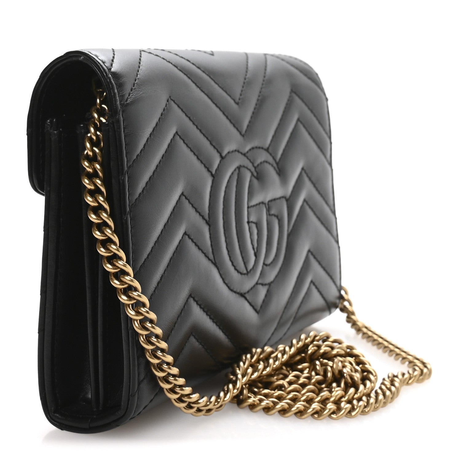 Gucci Calfskin Matelasse GG Marmont Chain Wallet Black 3 of 11