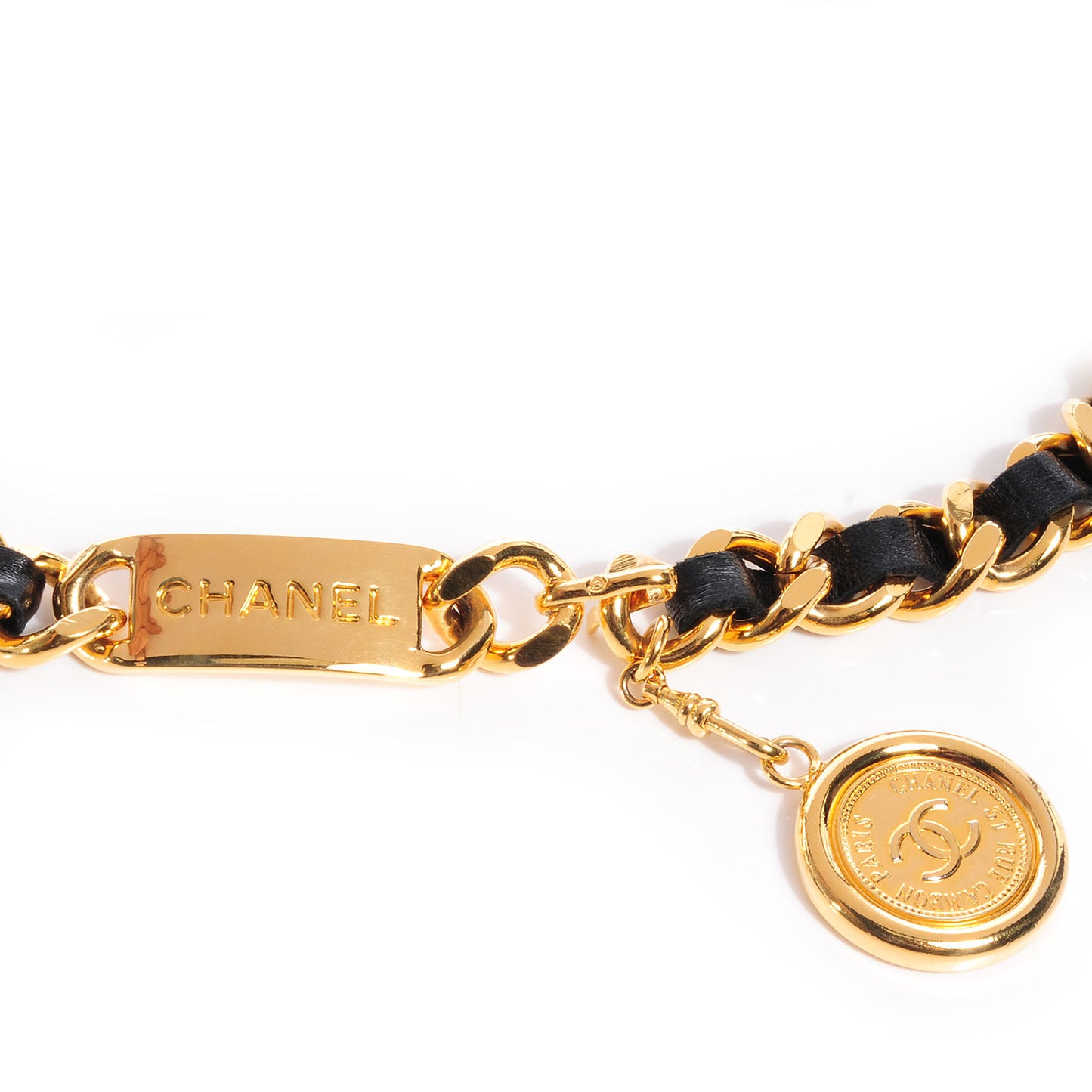 Leather Gold Chain Link 31 Rue Cambon Medallion Belt Black