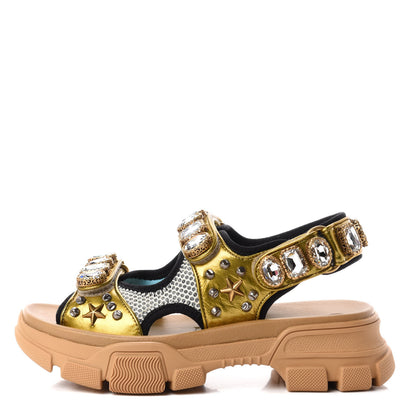 Gucci Silk Calfskin Mesh Crystal Embellished Studded Womens Aguru Sandals 36 Gold 1 of 10