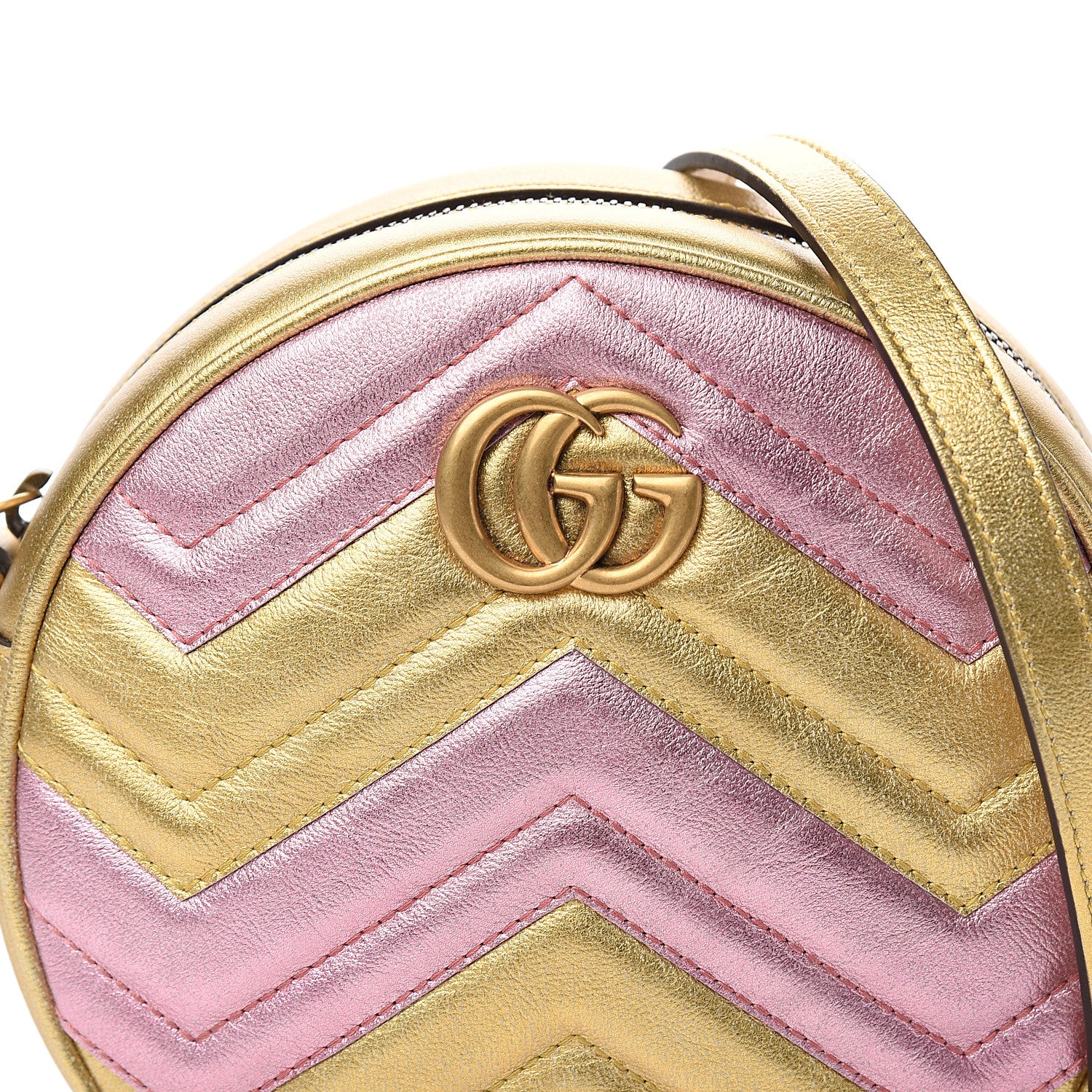 Gucci Metallic Calfskin Matelasse Mini GG Marmont Round Shoulder Bag Gold Pink 9 of 10