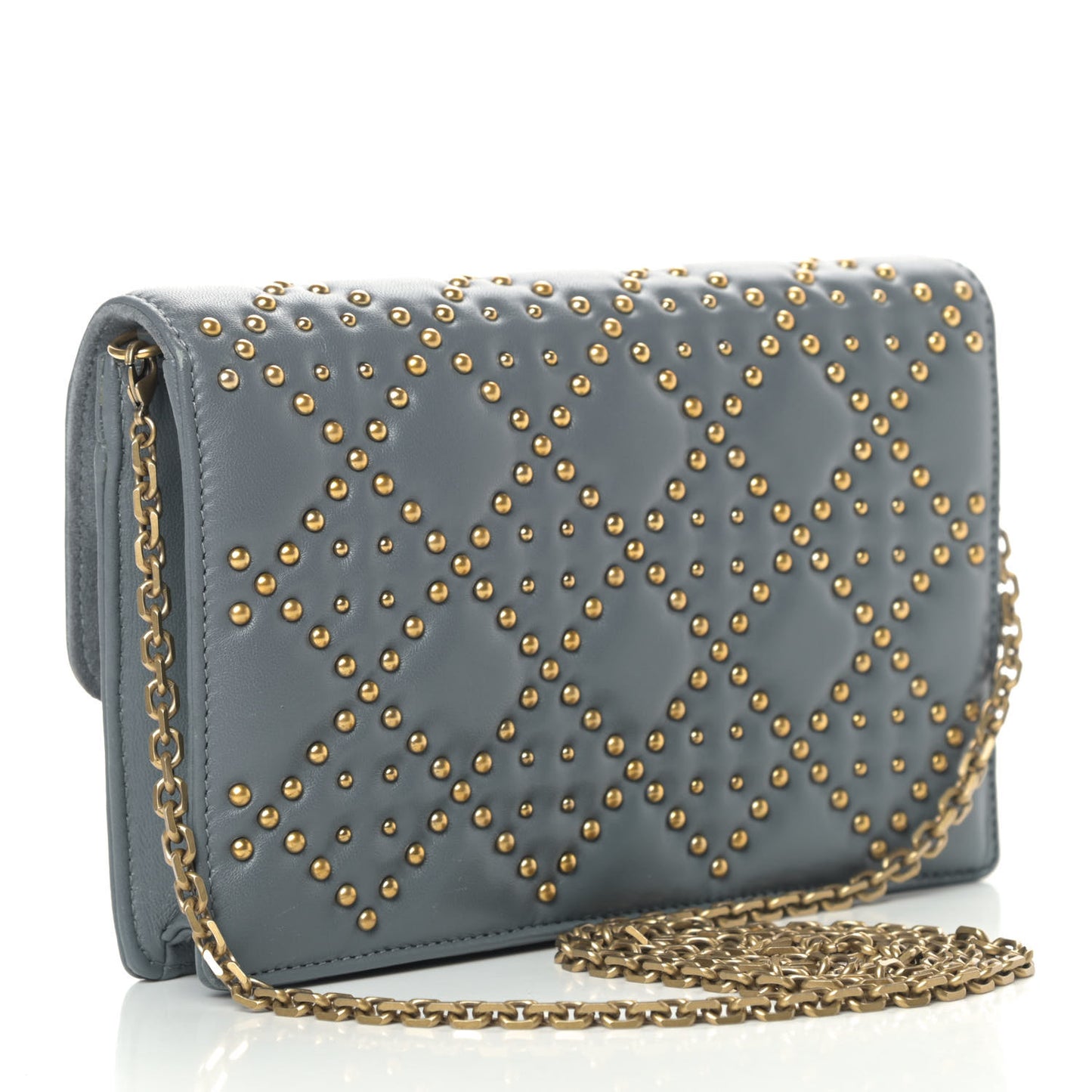 Lambskin Cannage Studded Dioraddict Wallet on Chain Clutch Grey Blue