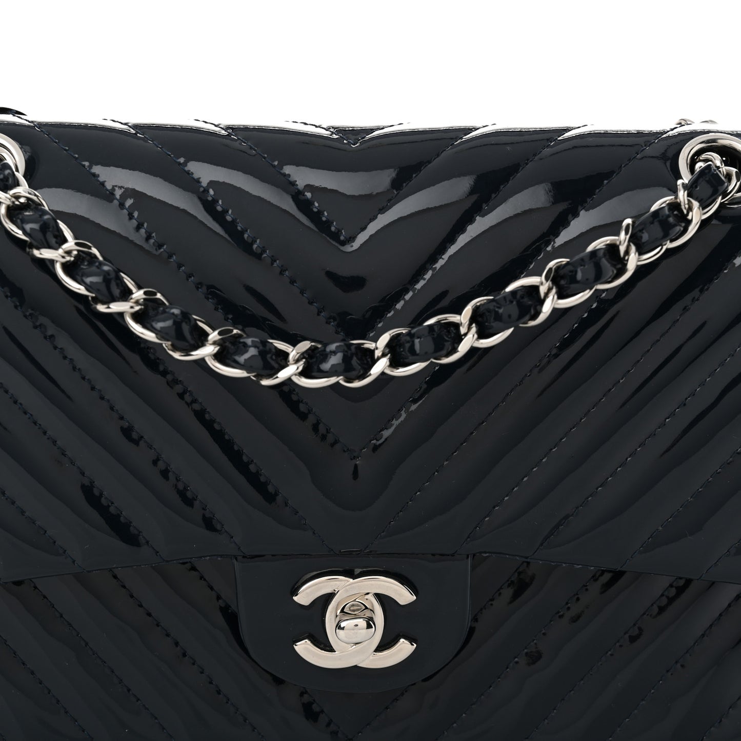 Patent Chevron Quilted Medium Double Flap Navy