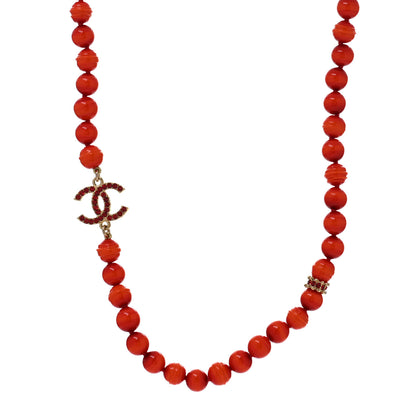 Chanel Pearl Glass Bead CC Necklace Golden Red 1 of 5