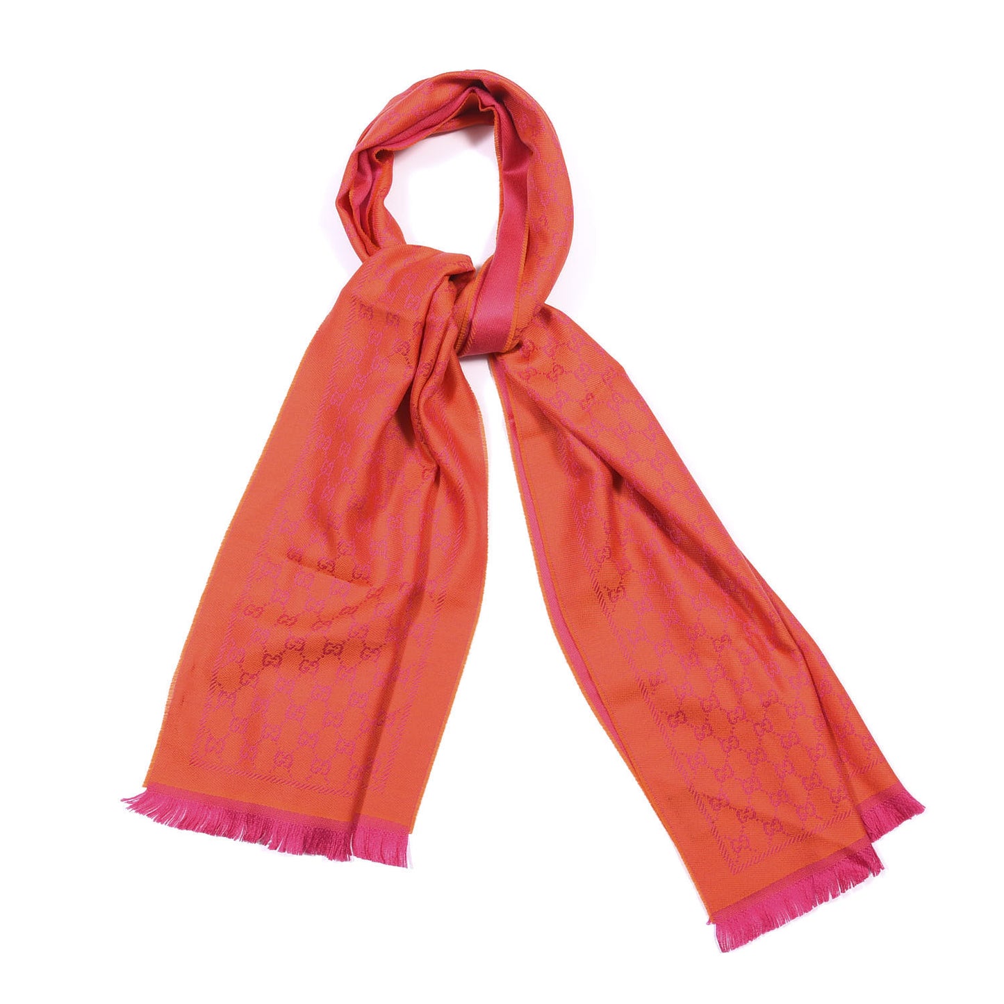 Wool GG Monogram Reversible New Sten Fringe Scarf Orange Pink