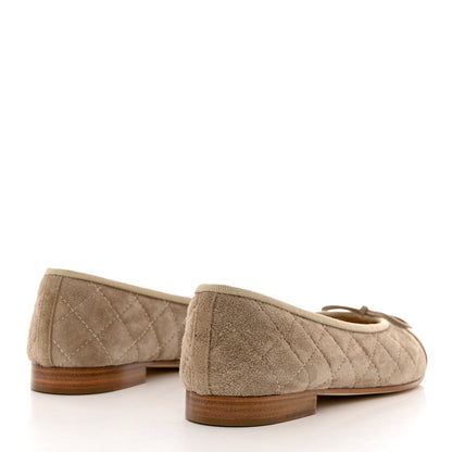 Chanel Suede Calfskin Quilted Cap Toe CC Ballerina Flats 37.5 Dark Beige 4 of 9
