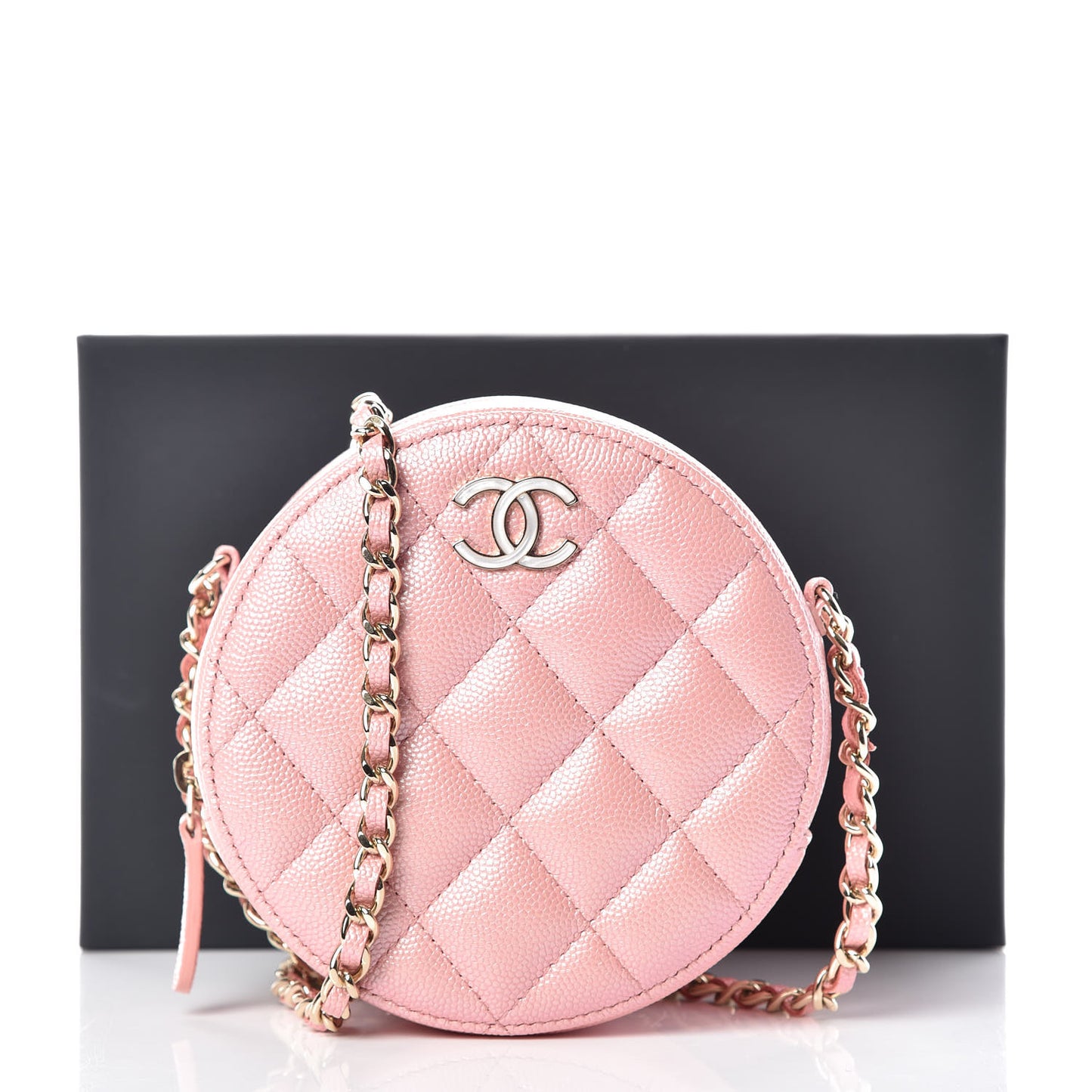 Iridescent Caviar Resin Quilted Round Clutch With Chain Pink