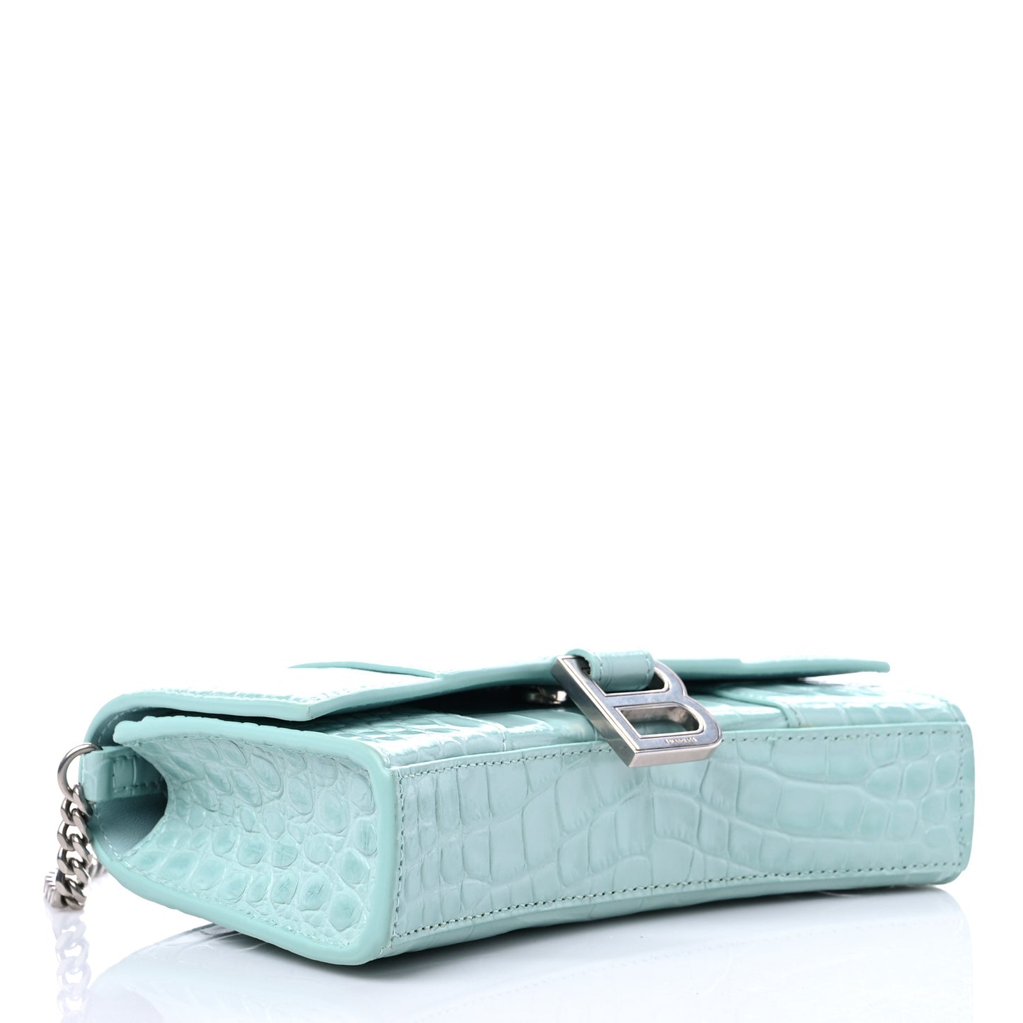 Shiny Calfskin Crocodile Embossed Hourglass Chain Bag Green Acqua
