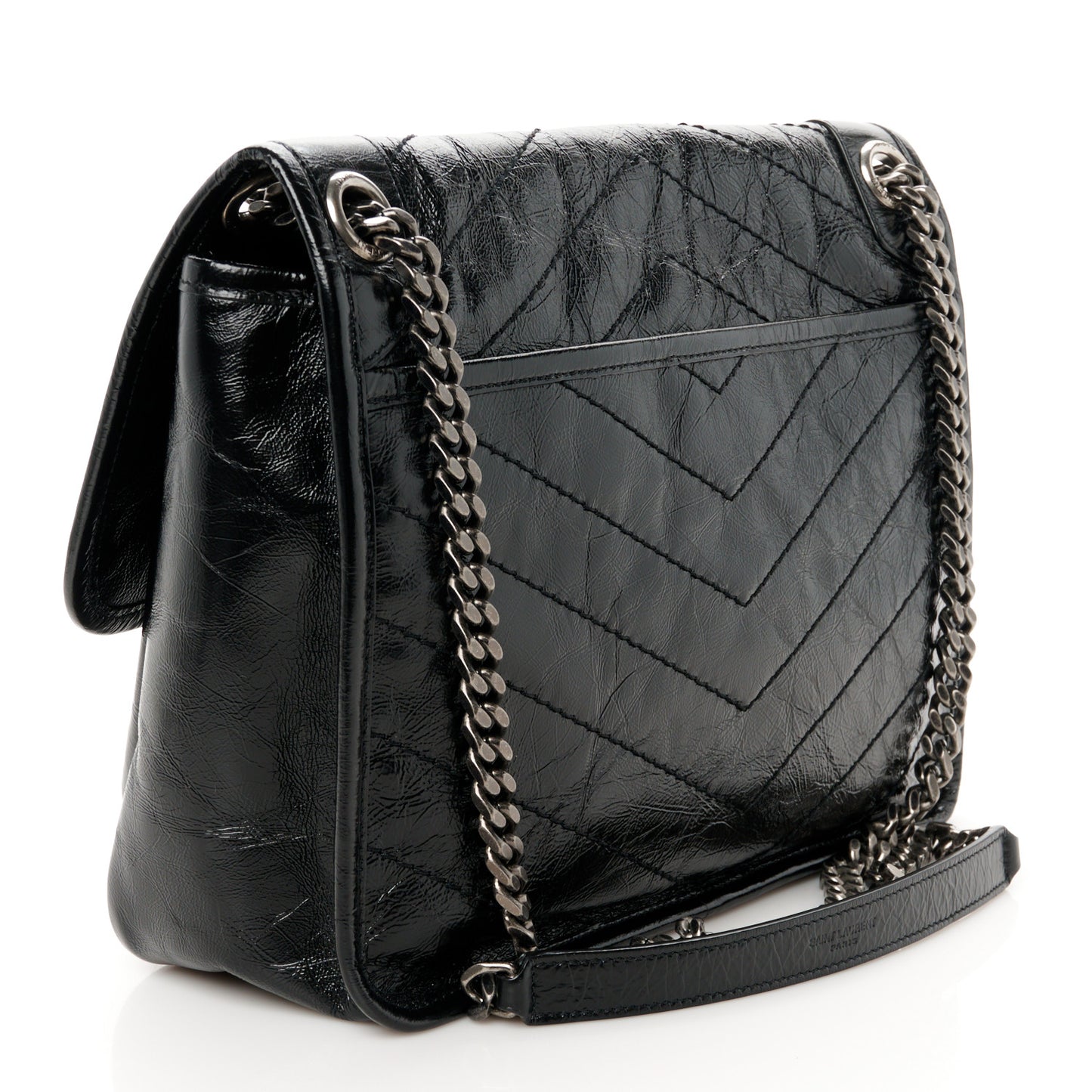 Crinkled Calfskin Matelasse Monogram Medium Niki Chain Satchel Black