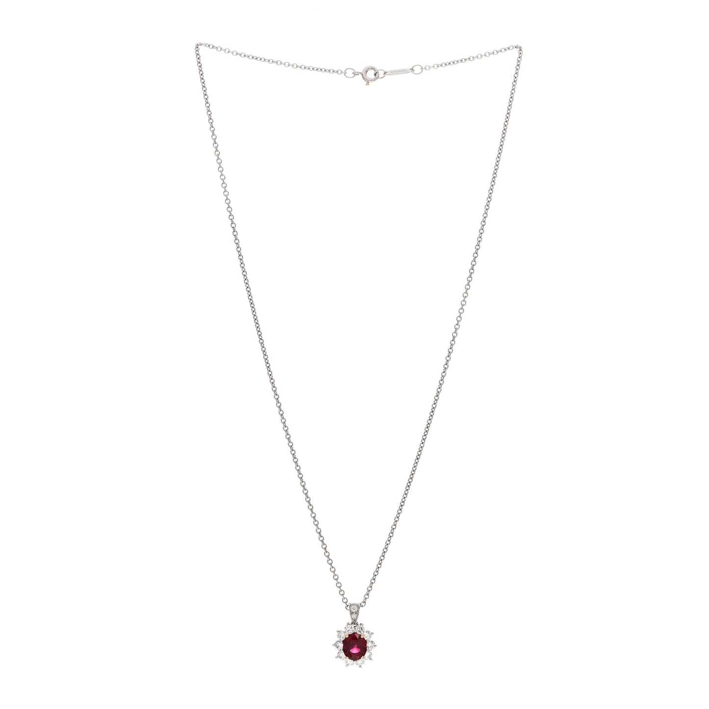 Platinum Diamond Ruby Halo Pendant Necklace