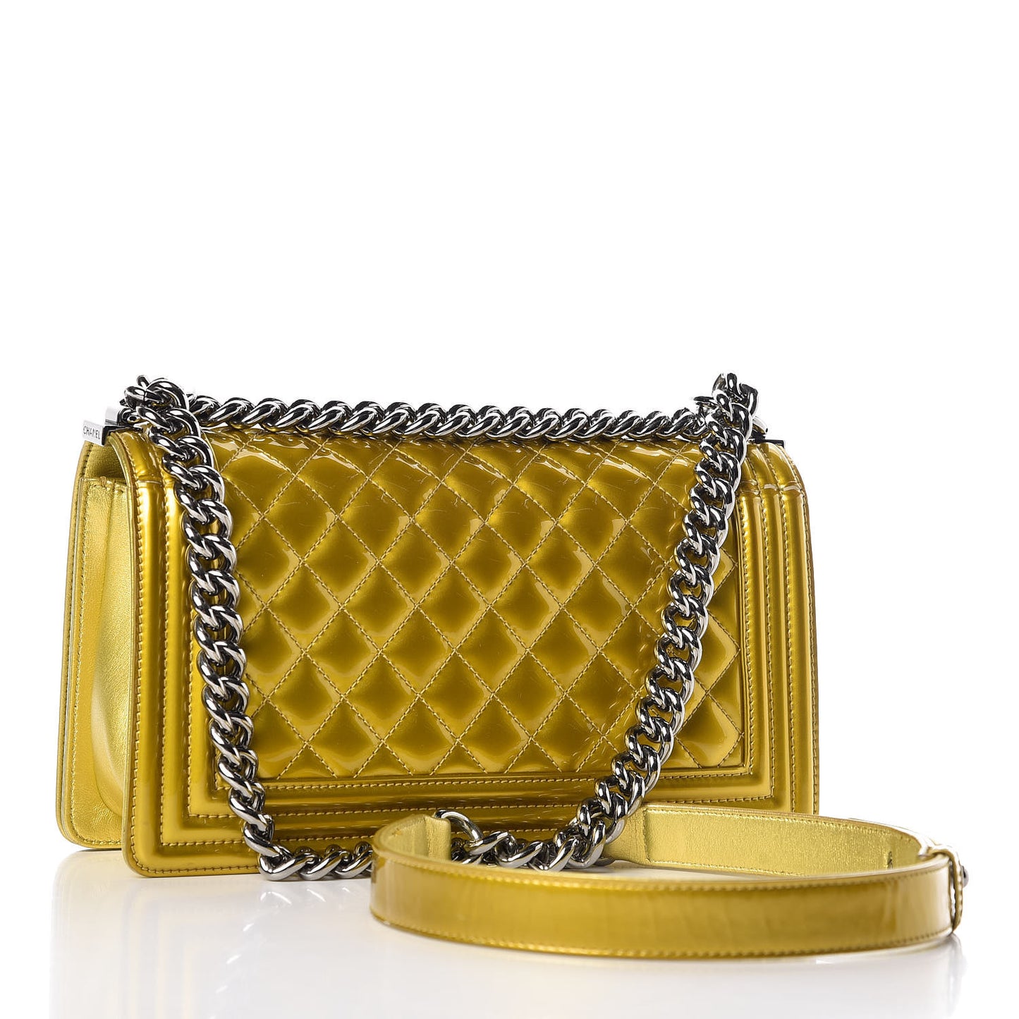 Metallic Patent Calfskin Quilted Medium Boy Flap Gold