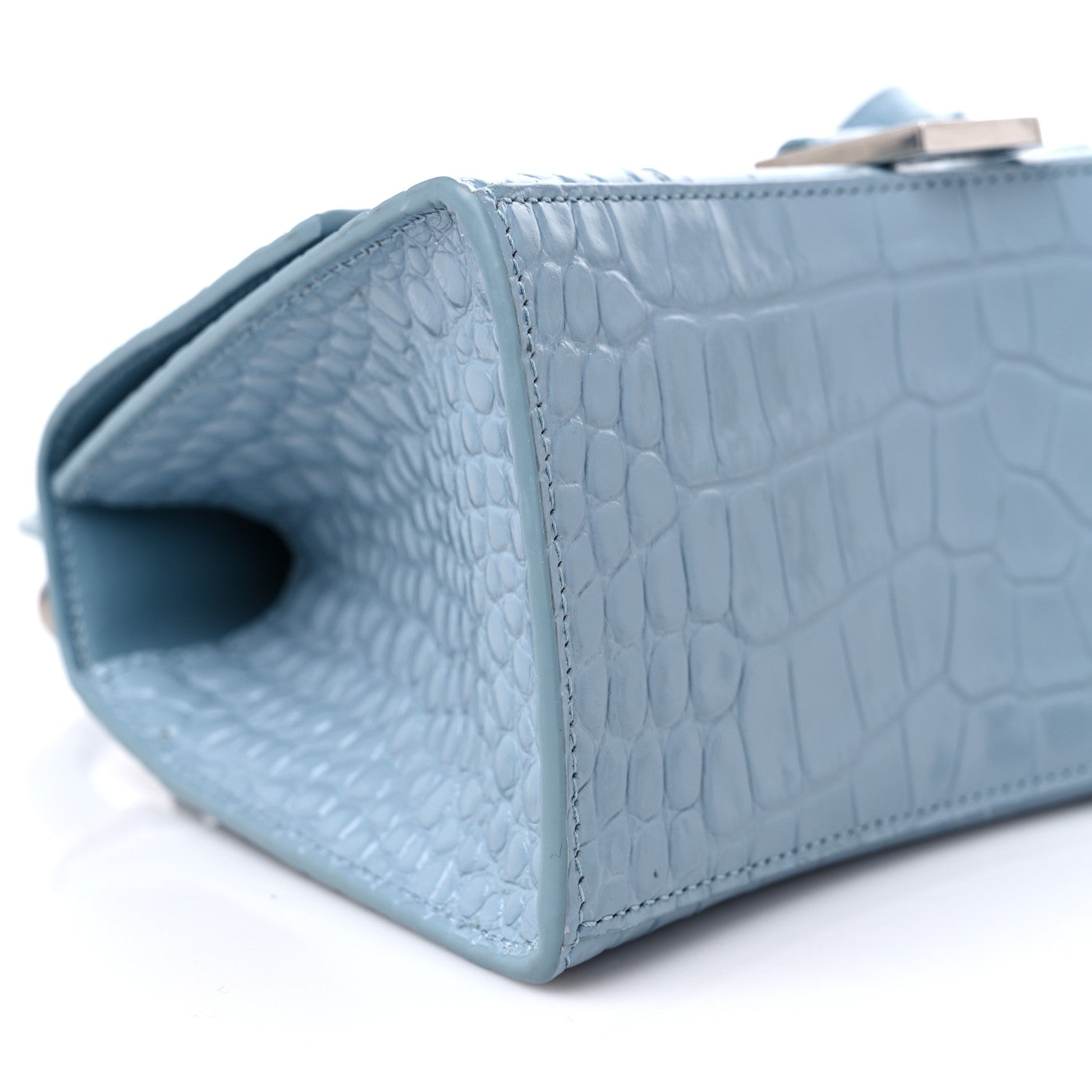 Balenciaga Shiny Calfskin Crocodile Embossed Small Hourglass Top Handle Bag Blue Grey 8 of 13