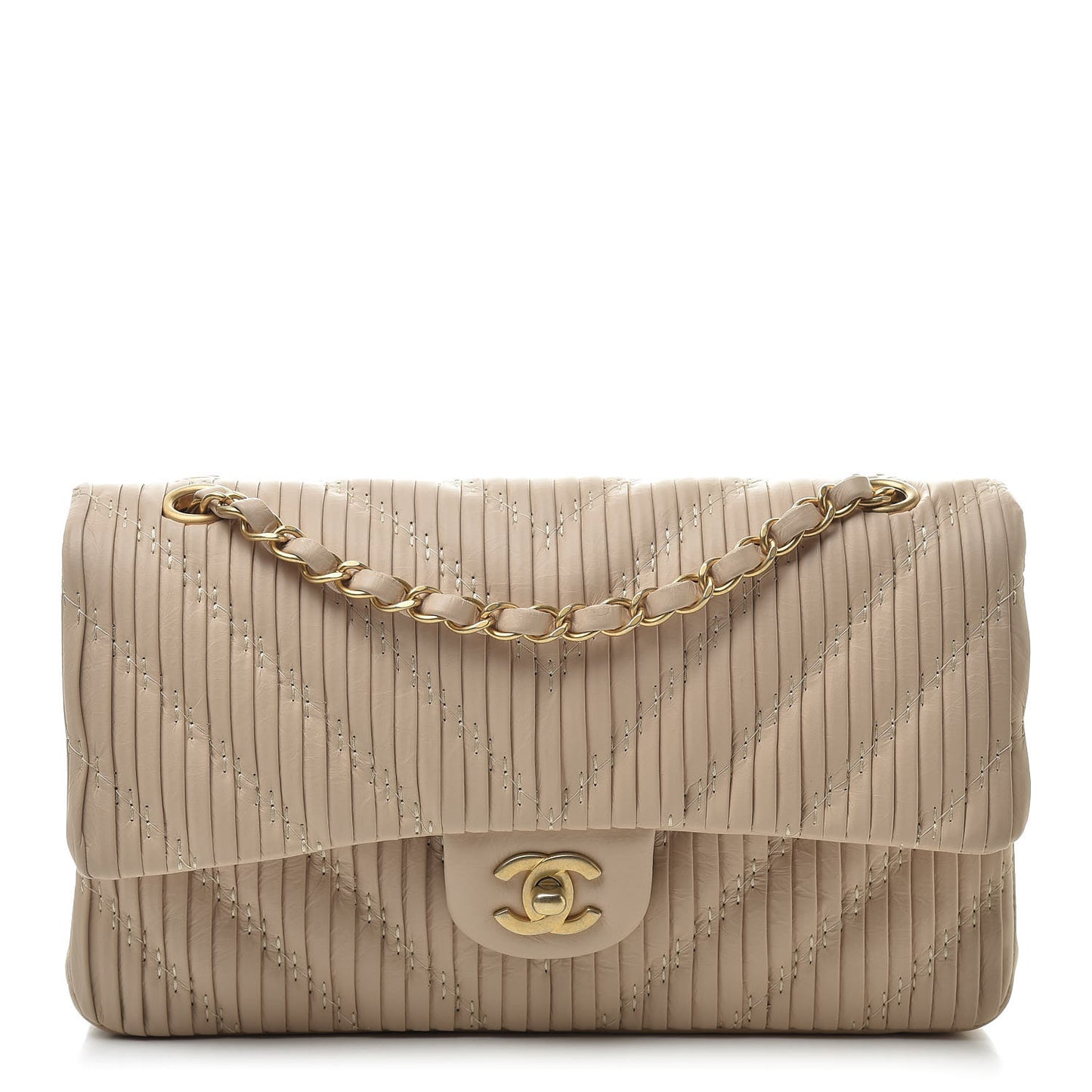 Calfskin Coco Pleats Medium Double Flap Beige