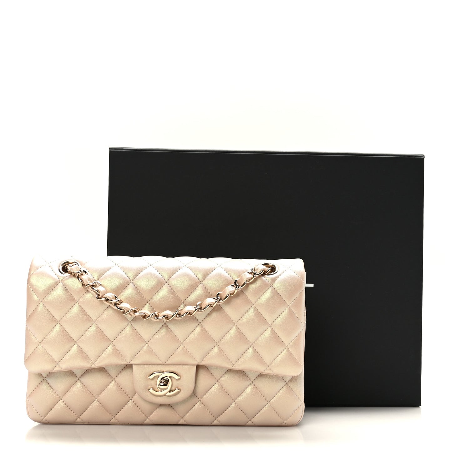 Iridescent Calfskin Quilted Medium Double Flap Beige
