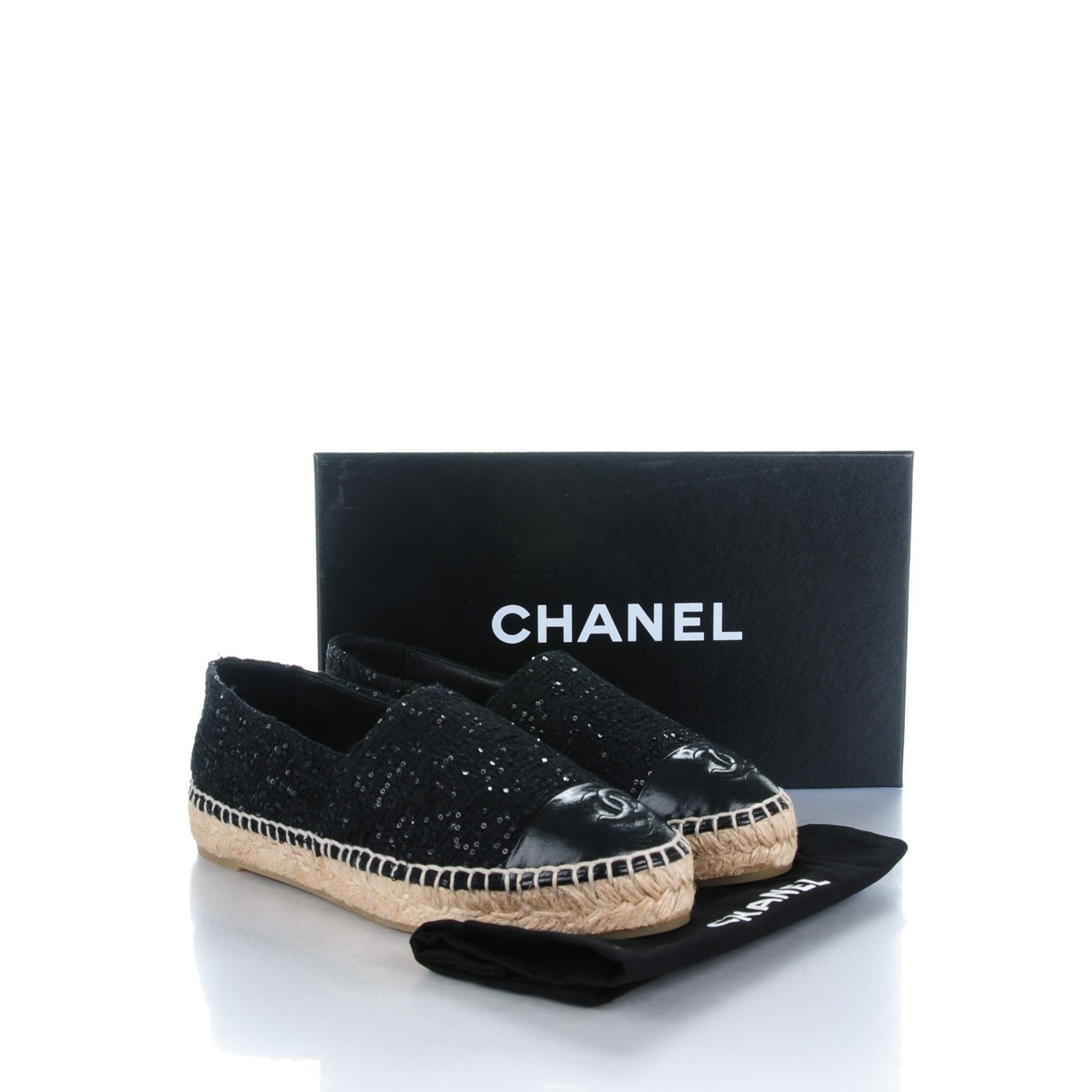 Chanel Tweed Patent Goatskin Sequin CC Espadrilles 37 Black 9 of 9