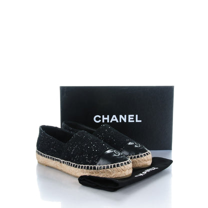 Chanel Tweed Patent Goatskin Sequin CC Espadrilles 37 Black 9 of 9