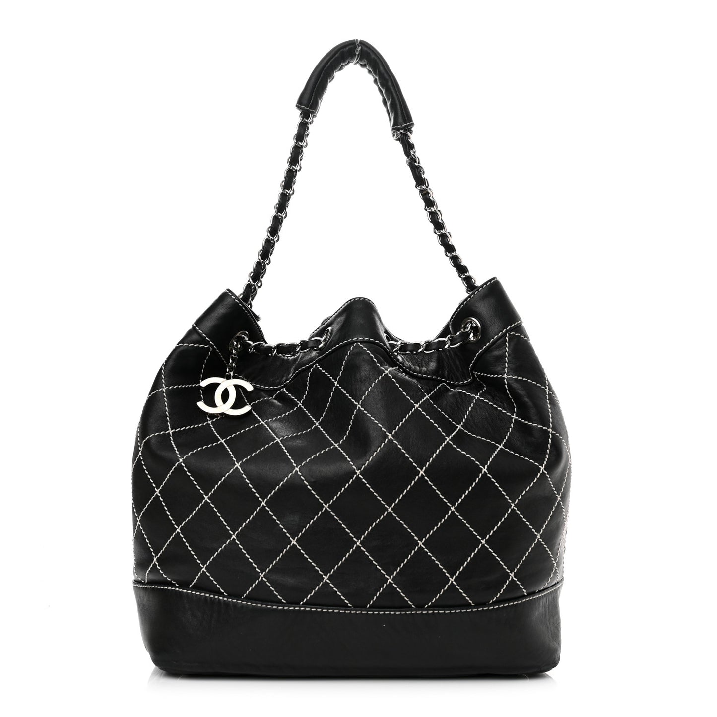 Calfskin Contrast Stitch Surpique Bucket Bag Black