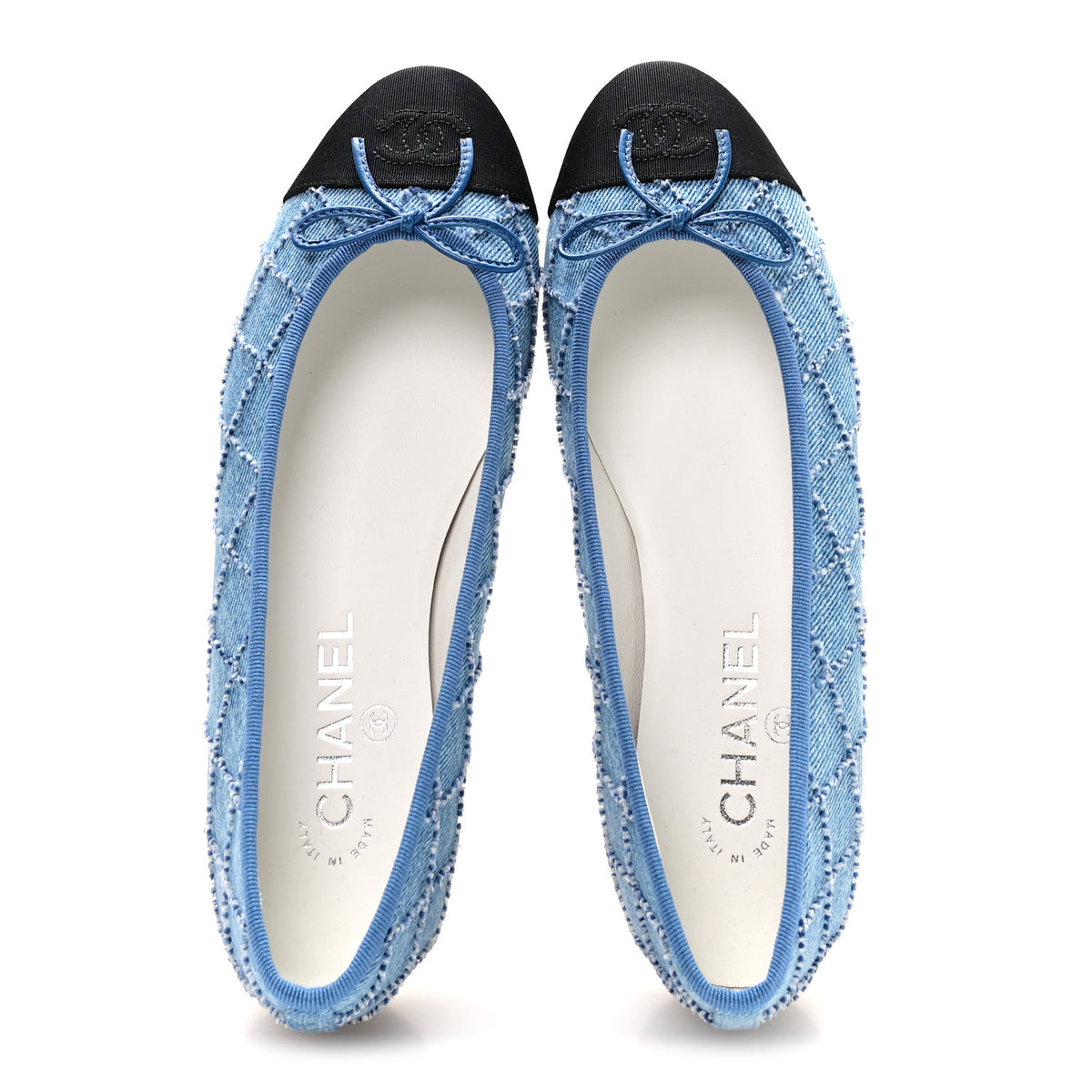 Denim Embroidered Grosgrain CC Cap Toe Ballerina Flats 38.5 Blue Black