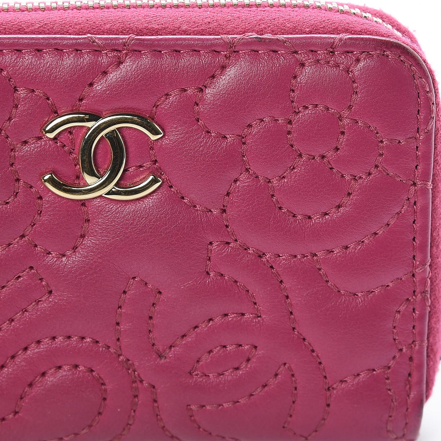 Lambskin Camellia Embossed Zip Coin Purse Fuchsia