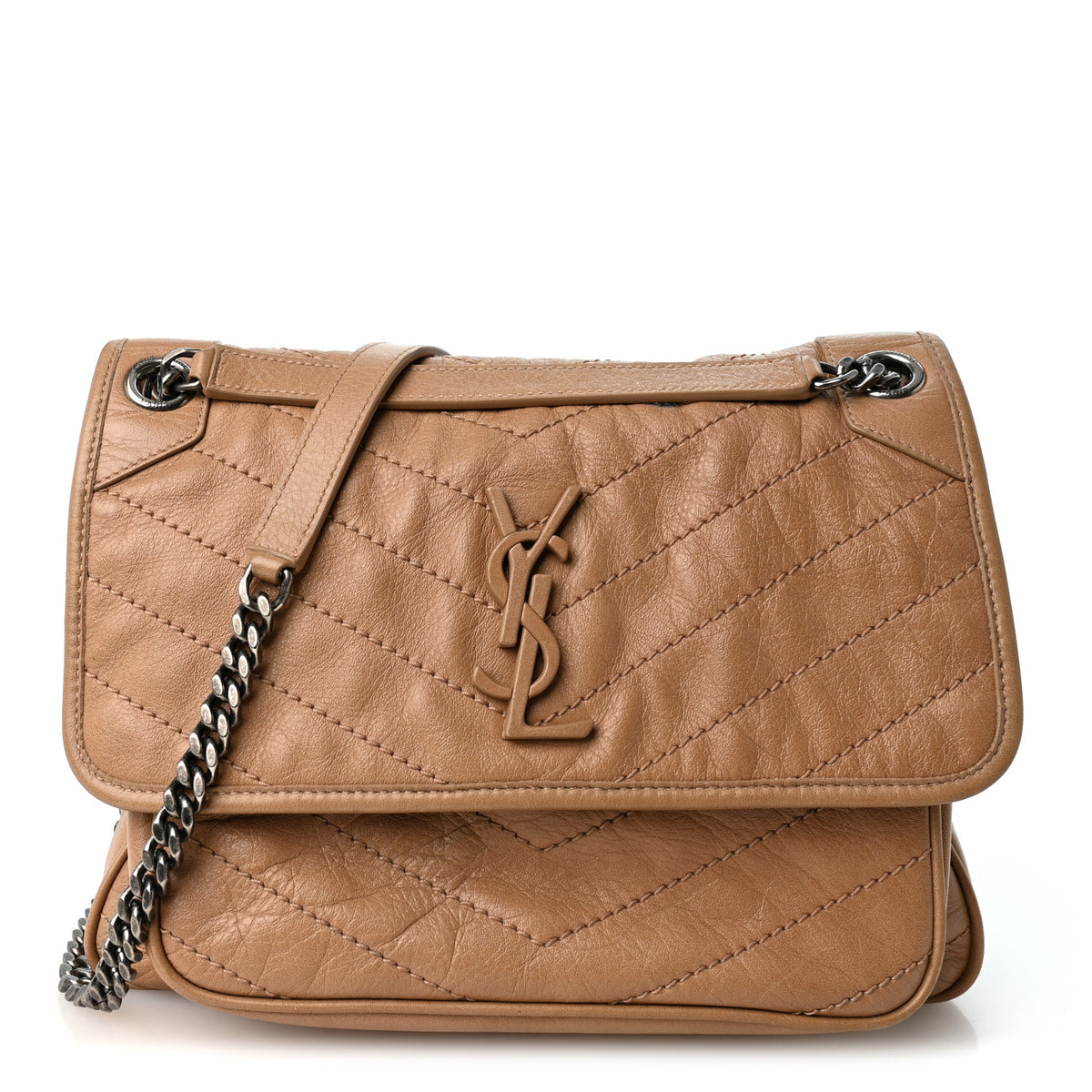 Saint Laurent Crinkled Calfskin Matelasse Monogram Medium Niki Chain Satchel Dark Toffee 1 of 10