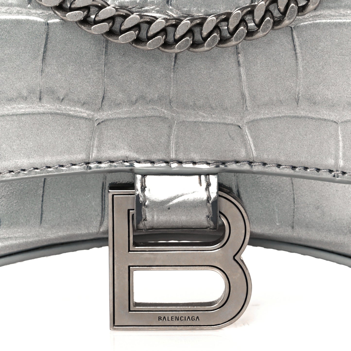 Metallic Calfskin Crocodile Embossed Hourglass Chain Bag Silver