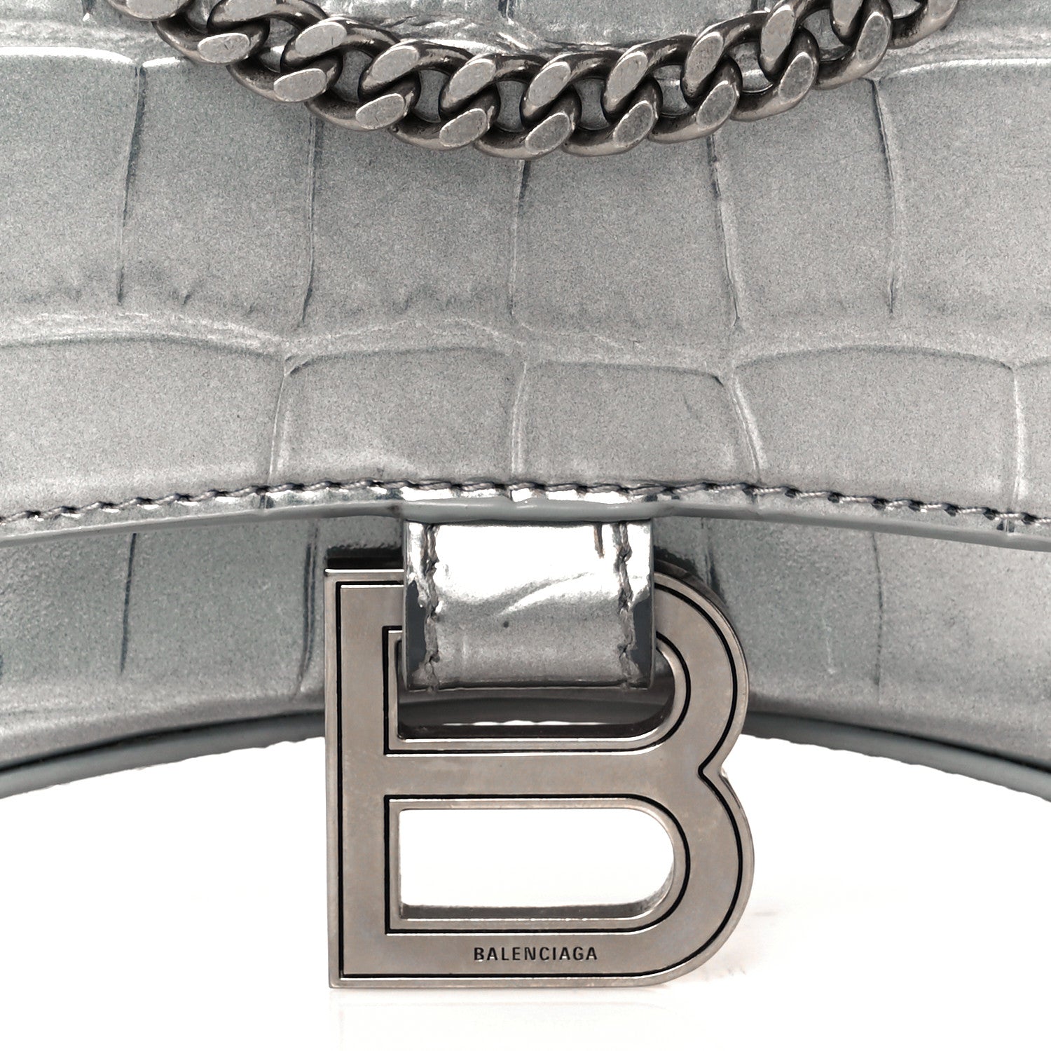 Balenciaga Metallic Calfskin Crocodile Embossed Hourglass Chain Bag Silver 9 of 12