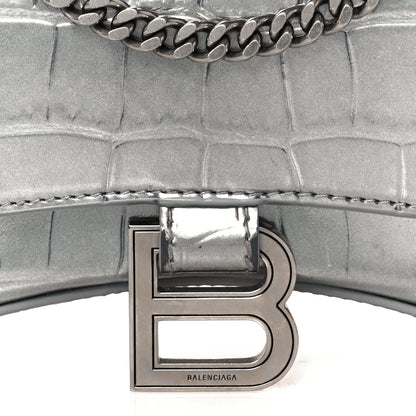 Balenciaga Metallic Calfskin Crocodile Embossed Hourglass Chain Bag Silver 9 of 12
