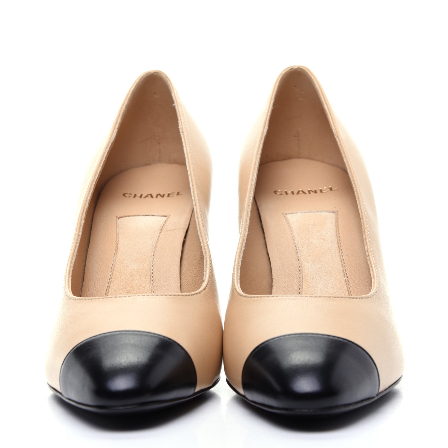 Chanel Lambskin Patent Cap Toe Pearl Pumps 37.5 Beige Black 2 of 13