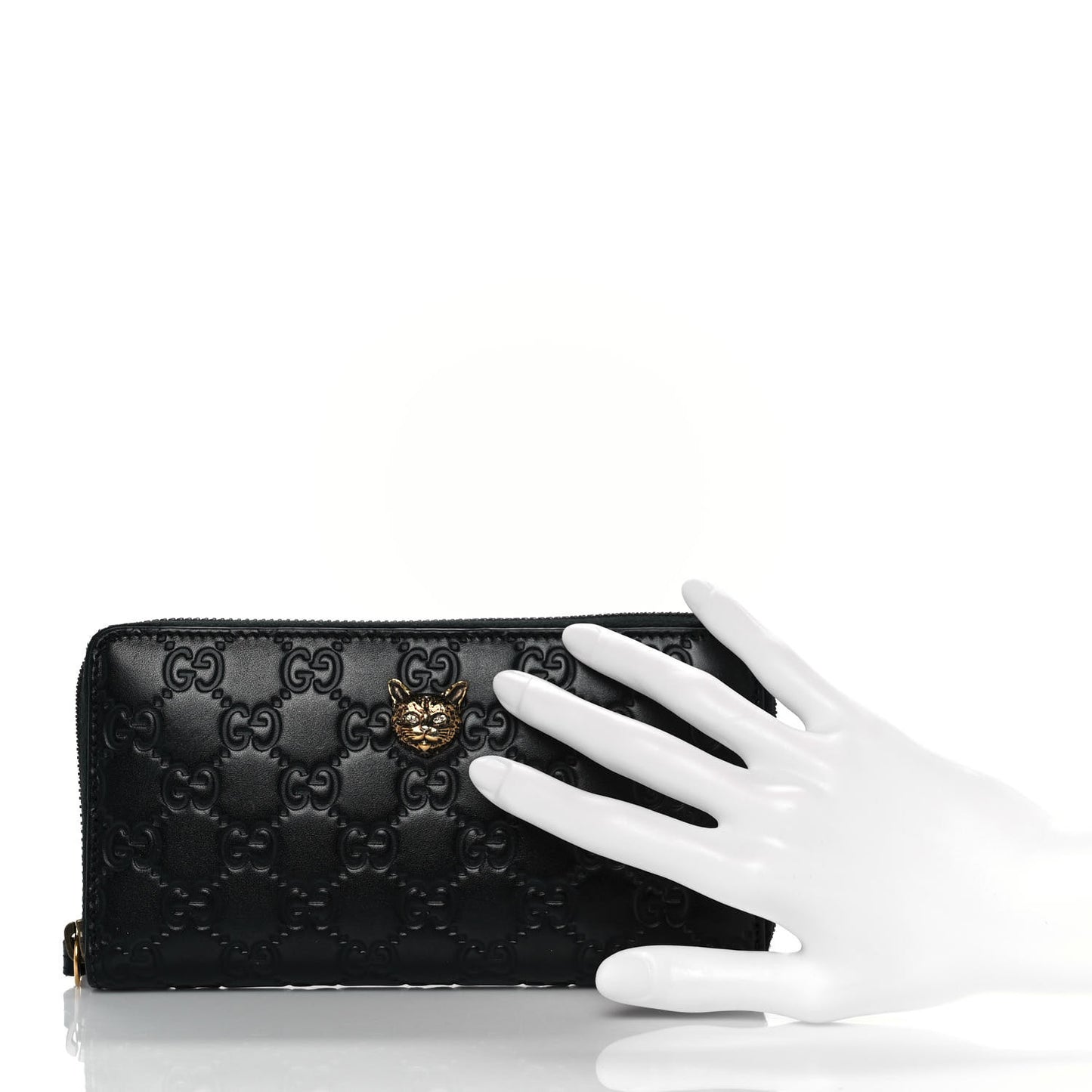Guccissima Signature Crystal Cat Zip Around Wallet Black