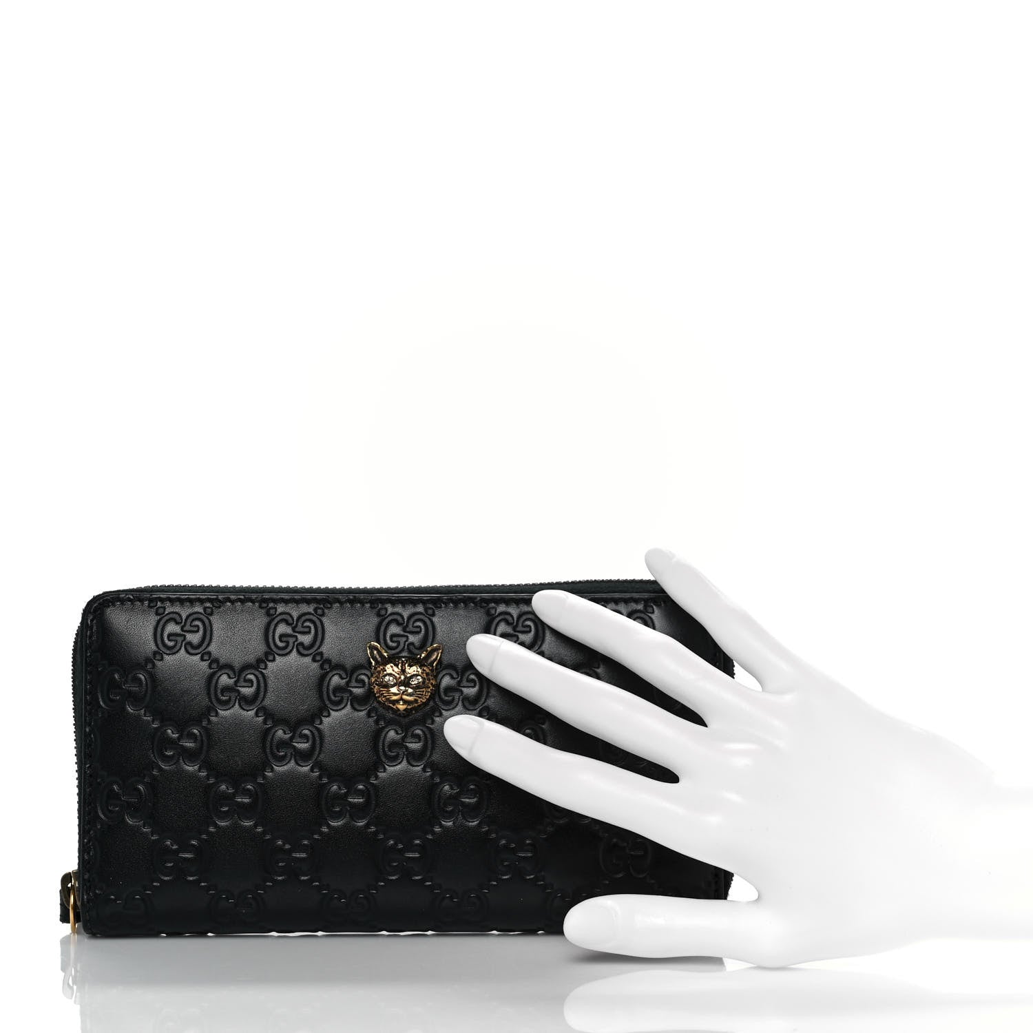 Gucci Guccissima Signature Crystal Cat Zip Around Wallet Black 2 of 8