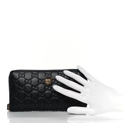 Gucci Guccissima Signature Crystal Cat Zip Around Wallet Black 2 of 8