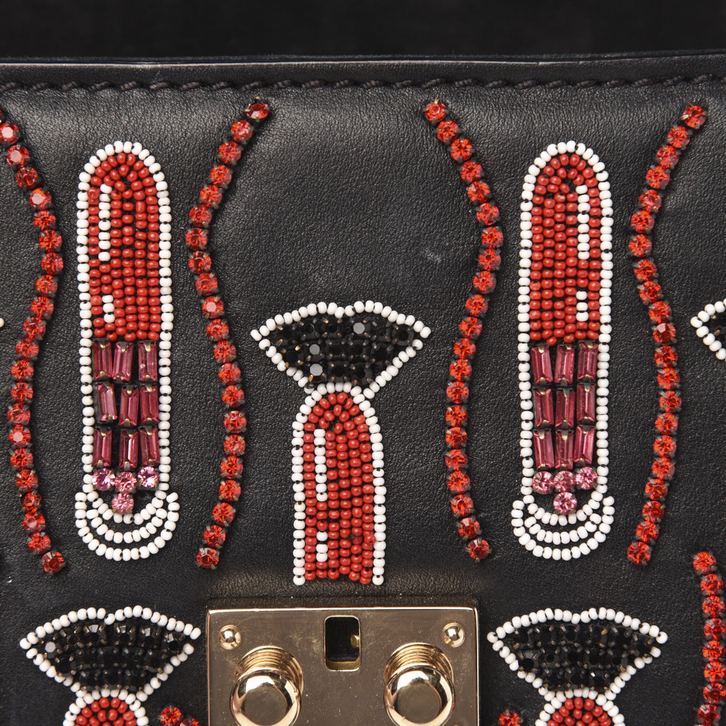 Vitello Crystal Lipstick Embellished Small Glam Lock Rockstud Flap Black