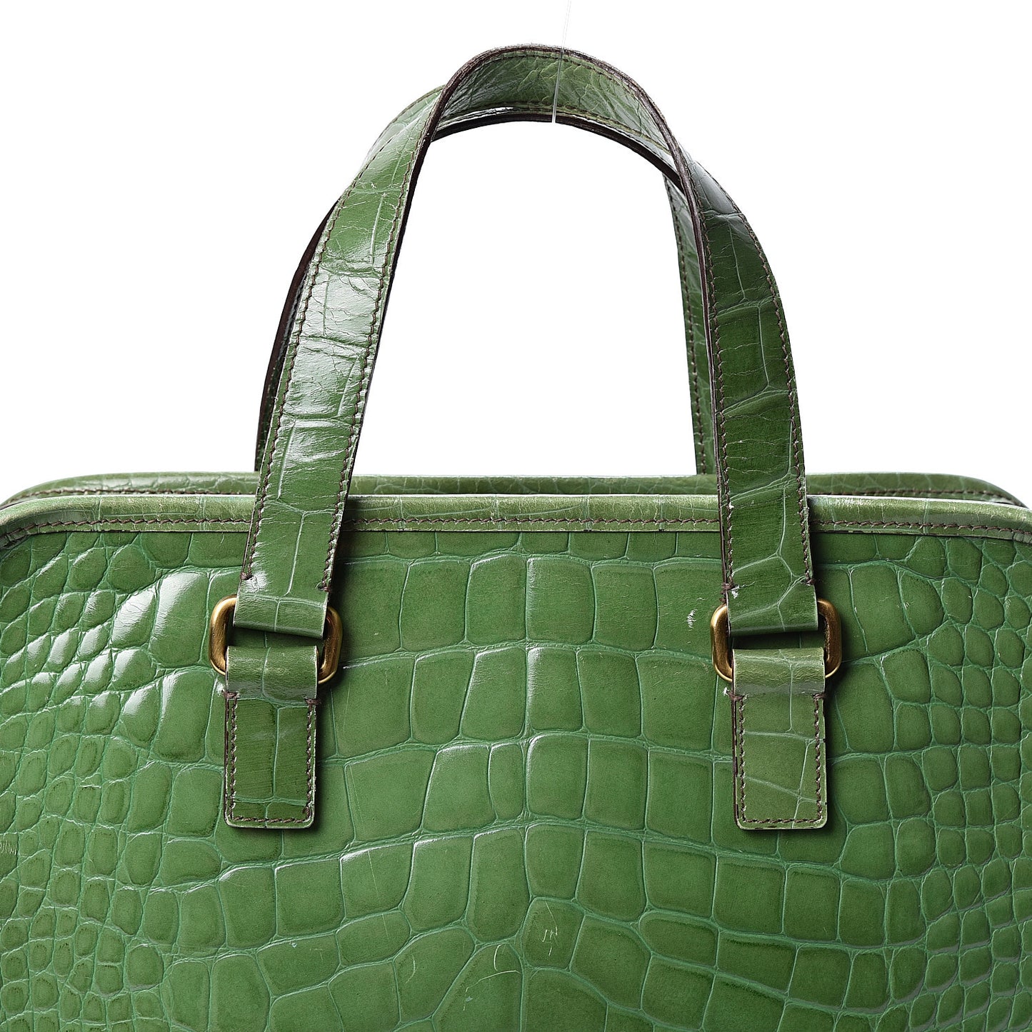 Shiny Calfskin Crocodile Embossed Double Zip Bauletto Larice