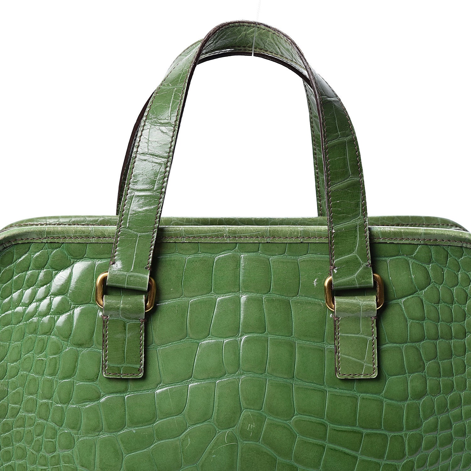 Prada Shiny Calfskin Crocodile Embossed Double Zip Bauletto Larice 6 of 11