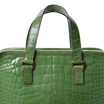 Prada Shiny Calfskin Crocodile Embossed Double Zip Bauletto Larice 6 of 11