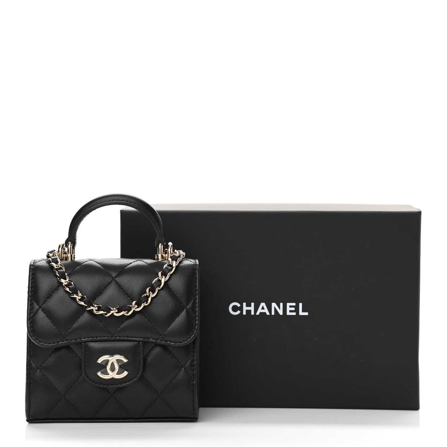 Lambskin Quilted Top Handle Flap Clutch With Chain Black