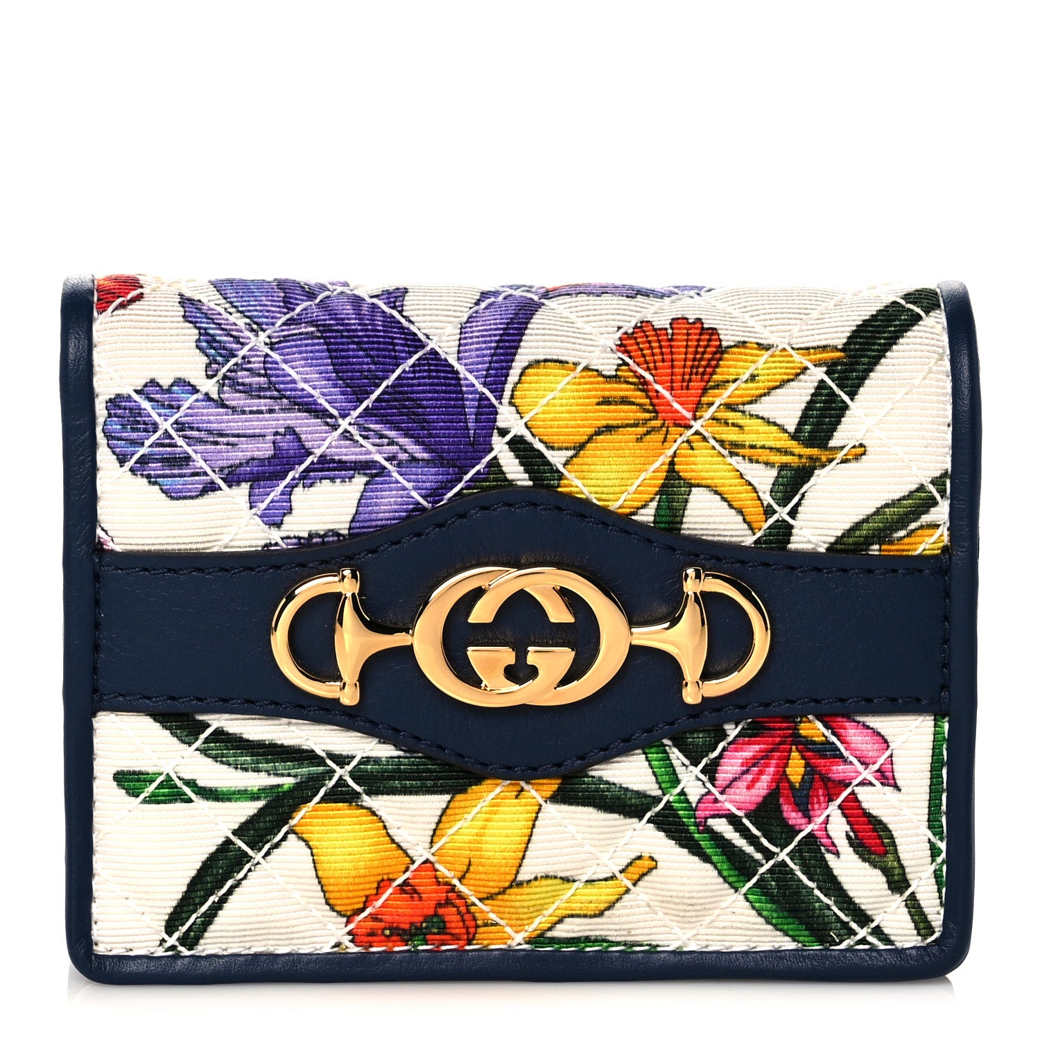 Gucci Canvas Flora Floral Trapuntata Zumi Card Case Wallet Great White Multicolor Blue Agata 1 of 8