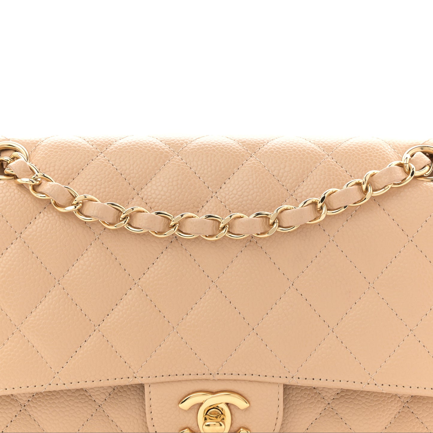 Caviar Quilted Medium Double Flap Beige