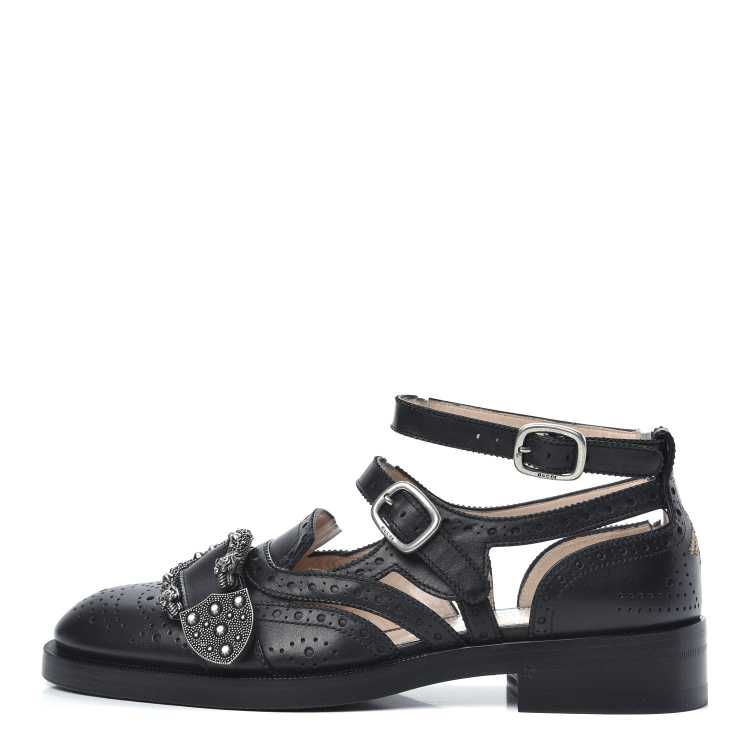 Gucci Calfskin Bee Embroidered Womens Queercore Brogue Wingtip Monk Strap Loafers 38 Black 1 of 8