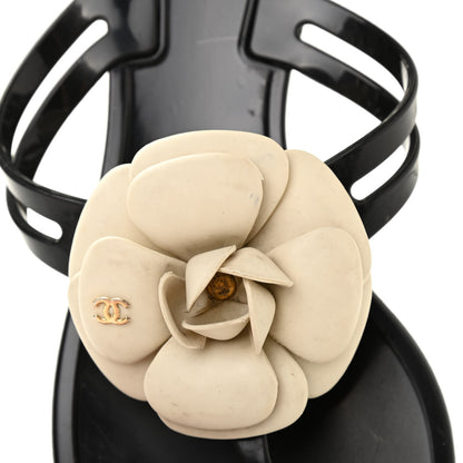 Chanel Jelly Camellia Thong Sandals 39 Black Ivory 9 of 10