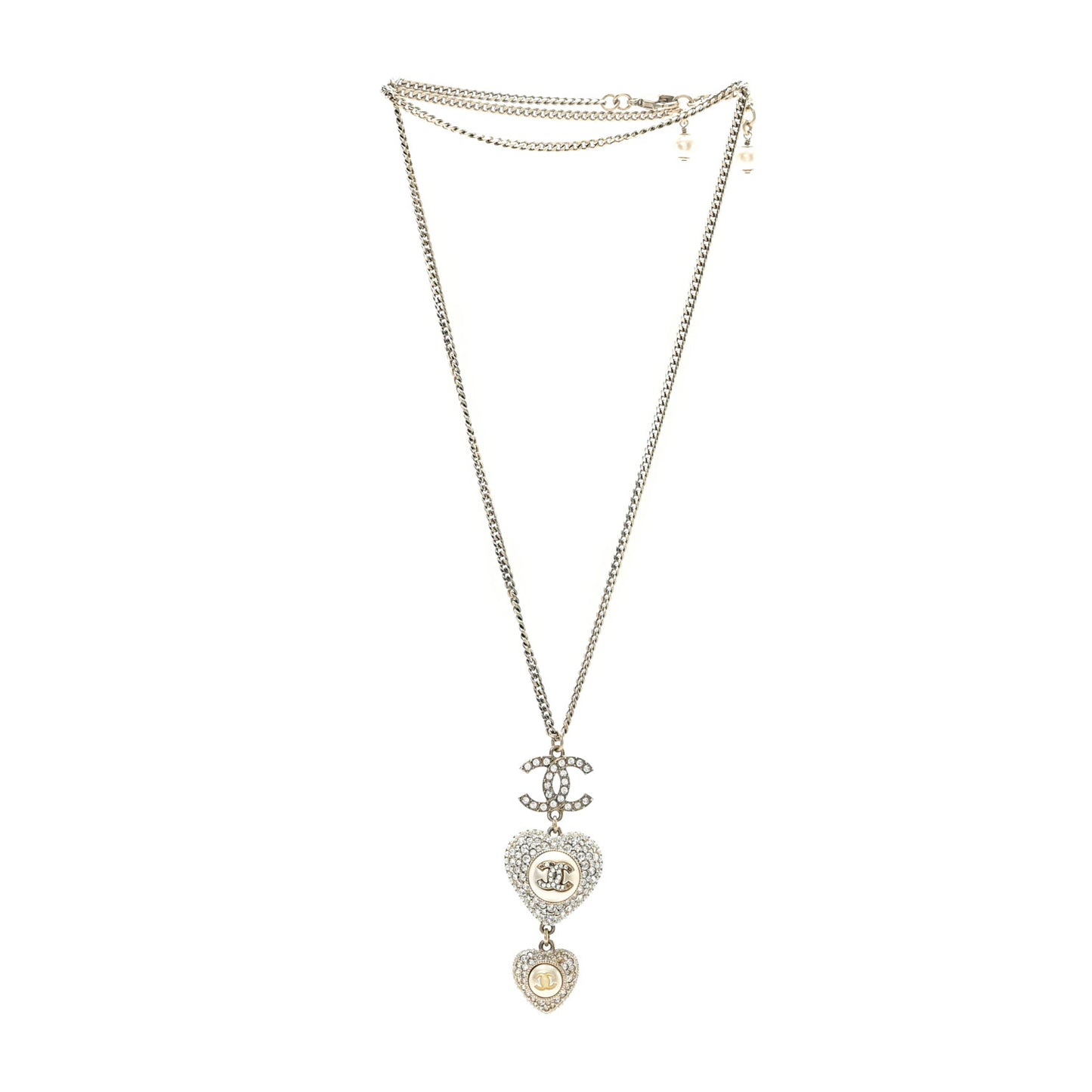 Crystal Pearl CC Heart Drop Pendant Necklace Silver