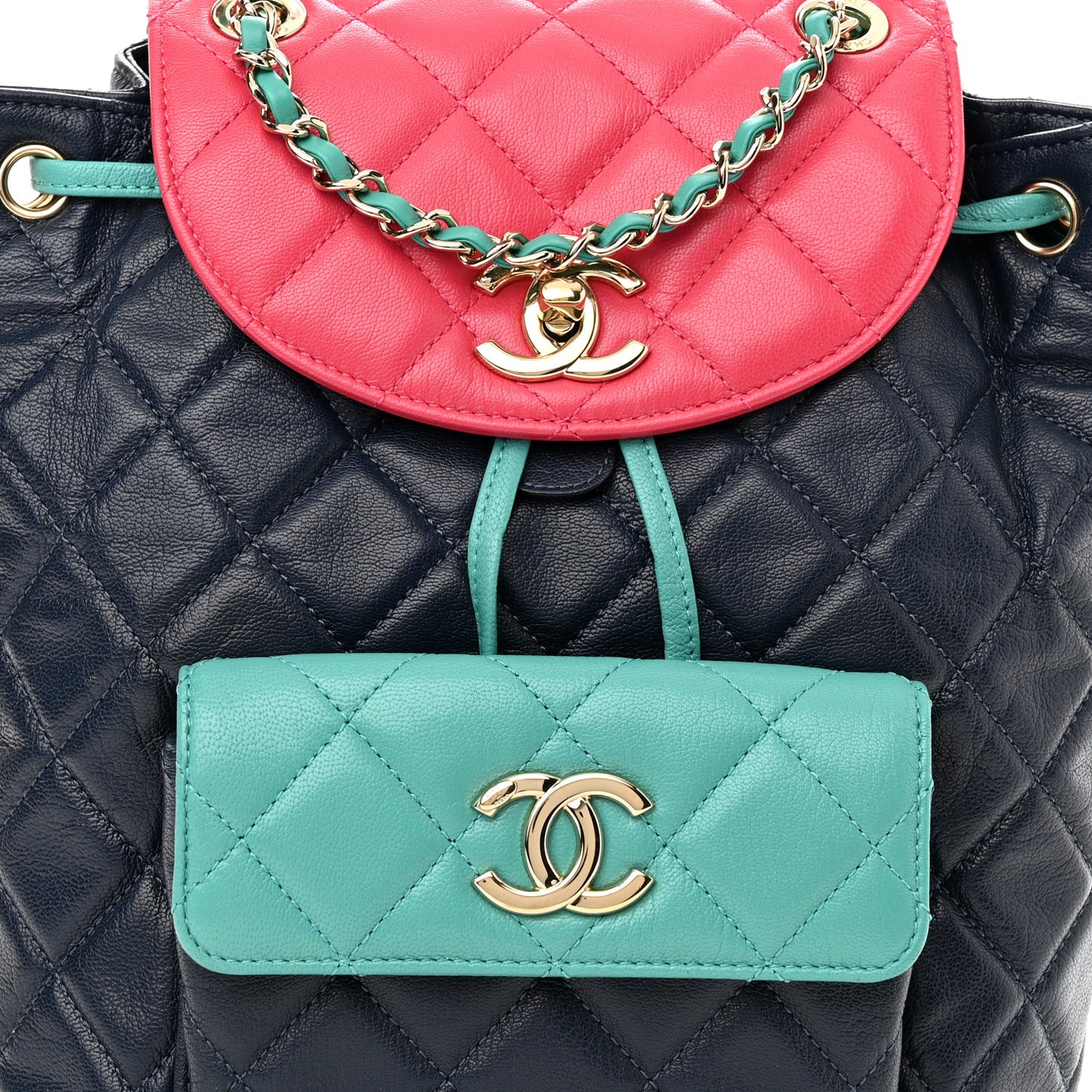 Goatskin Quilted Duma Drawstring Backpack Navy Turquoise Pink