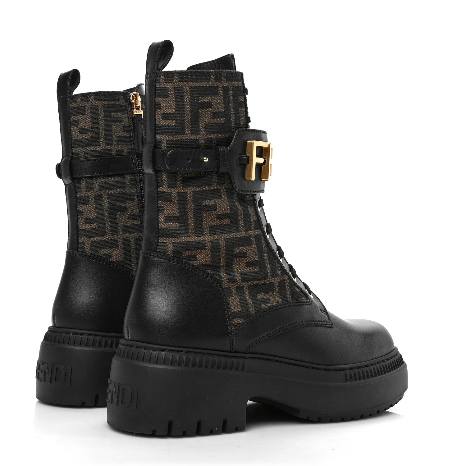 Fendi Vitello Fabric Jacquard FF Fendigraphy 50mm Biker Boots 39 Black Tobacco 4 of 7
