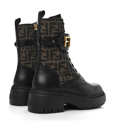 Fendi Vitello Fabric Jacquard FF Fendigraphy 50mm Biker Boots 39 Black Tobacco 4 of 7