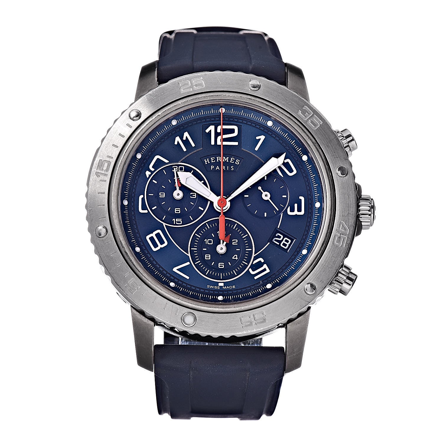 Hermes Stainless Steel Rubber 41mm Clipper Chronograph Quartz Watch Blue 1 of 8
